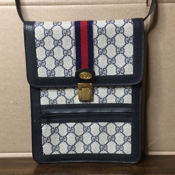 GUCCI GG Ophidia Sherryline Stripe Navy Leather Grey Coated Canvas MessengerBag - Picture 1 of 17